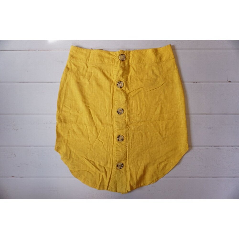Lucca Mustard Yellow Linen Blend Button-Front Skirt - Size M